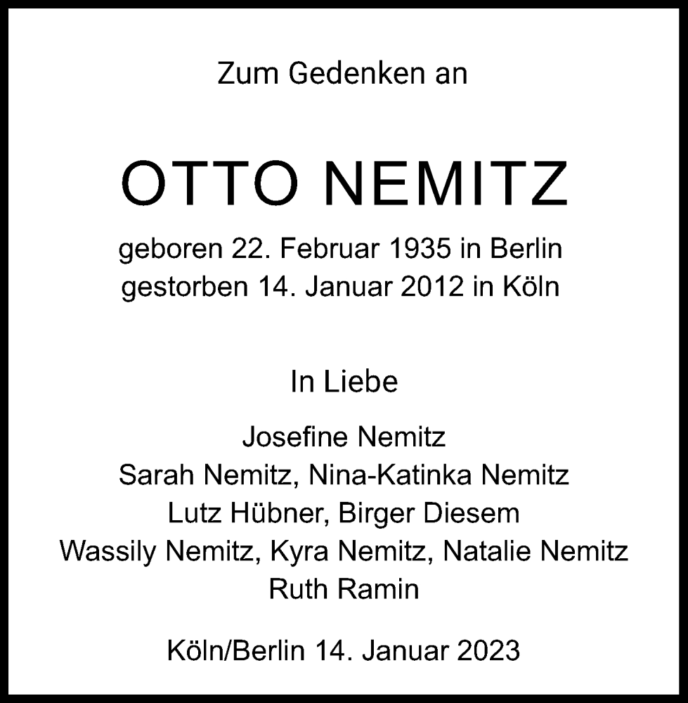  Traueranzeige für Otto Nemitz vom 18.07.2023 aus Kölner Stadt-Anzeiger / Kölnische Rundschau / Express