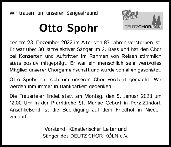 Anzeige von Otto Spohr von Kölner Stadt-Anzeiger / Kölnische Rundschau / Express