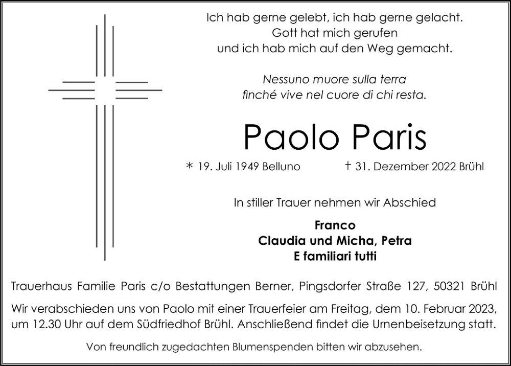  Traueranzeige für Paolo Paris vom 27.01.2023 aus  Schlossbote/Werbekurier 