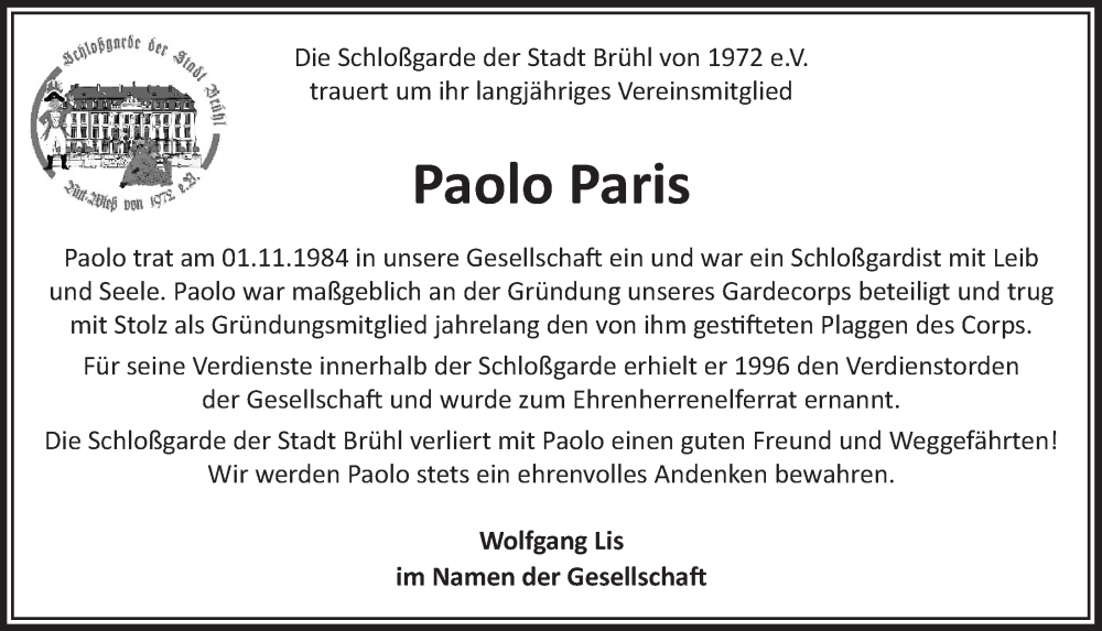  Traueranzeige für Paolo Paris vom 27.01.2023 aus  Schlossbote/Werbekurier 