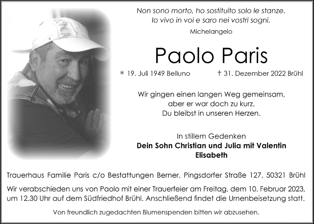 Traueranzeige für Paolo Paris vom 27.01.2023 aus  Schlossbote/Werbekurier 