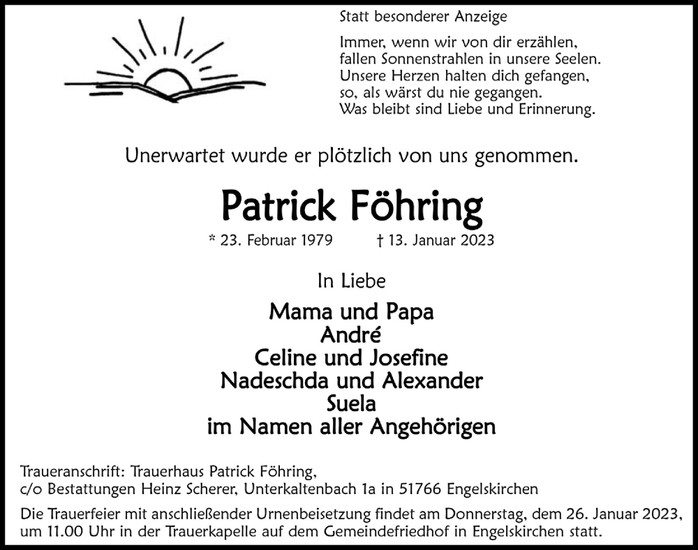  Traueranzeige für Patrick Föhring vom 20.01.2023 aus  Anzeigen Echo 