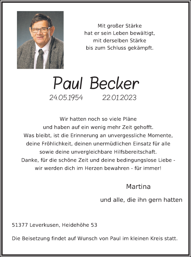  Traueranzeige für Paul Becker vom 28.01.2023 aus Kölner Stadt-Anzeiger / Kölnische Rundschau / Express