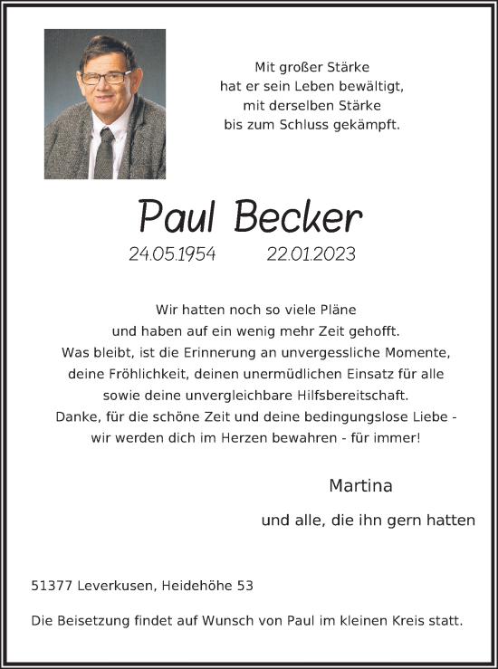 Anzeige von Paul Becker von Kölner Stadt-Anzeiger / Kölnische Rundschau / Express