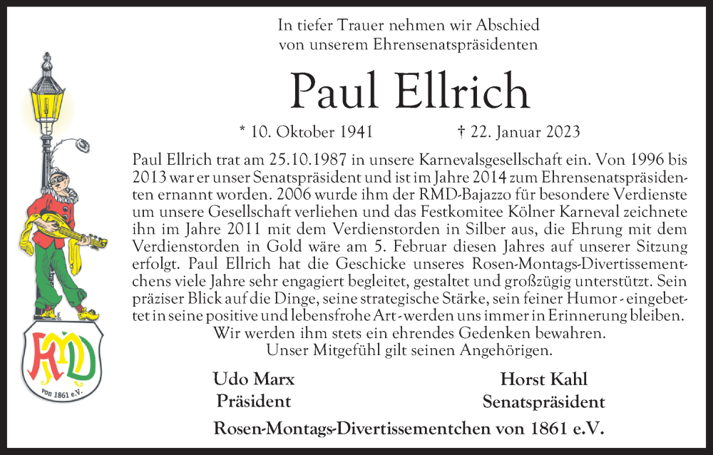  Traueranzeige für Paul Ellrich vom 28.01.2023 aus Kölner Stadt-Anzeiger / Kölnische Rundschau / Express