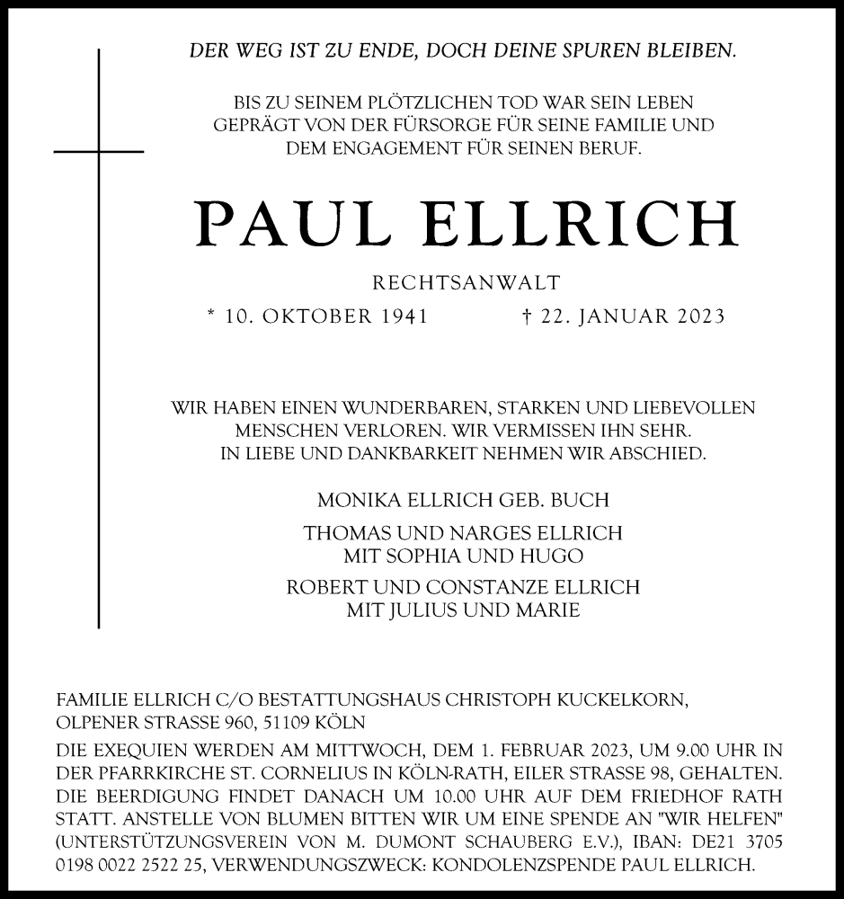  Traueranzeige für Paul Ellrich vom 28.01.2023 aus Kölner Stadt-Anzeiger / Kölnische Rundschau / Express