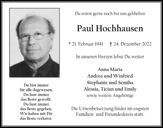 Anzeige von Paul Hochhausen von  Werbepost 