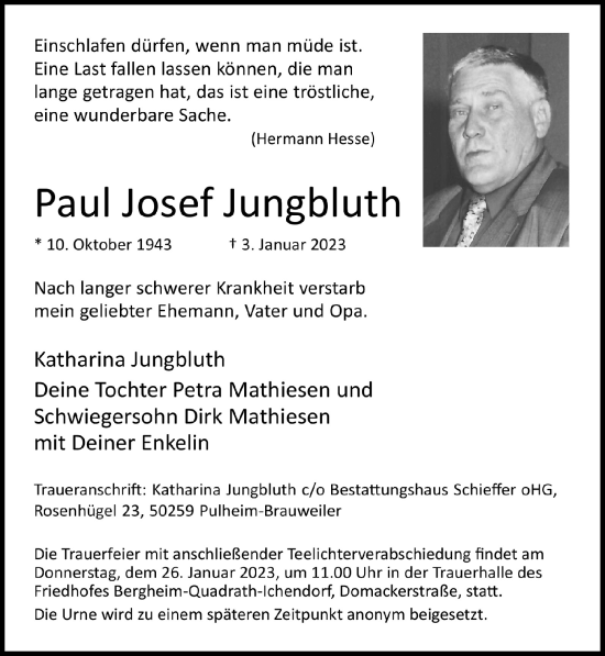 Anzeige von Paul Josef Jungbluth von  Werbepost 