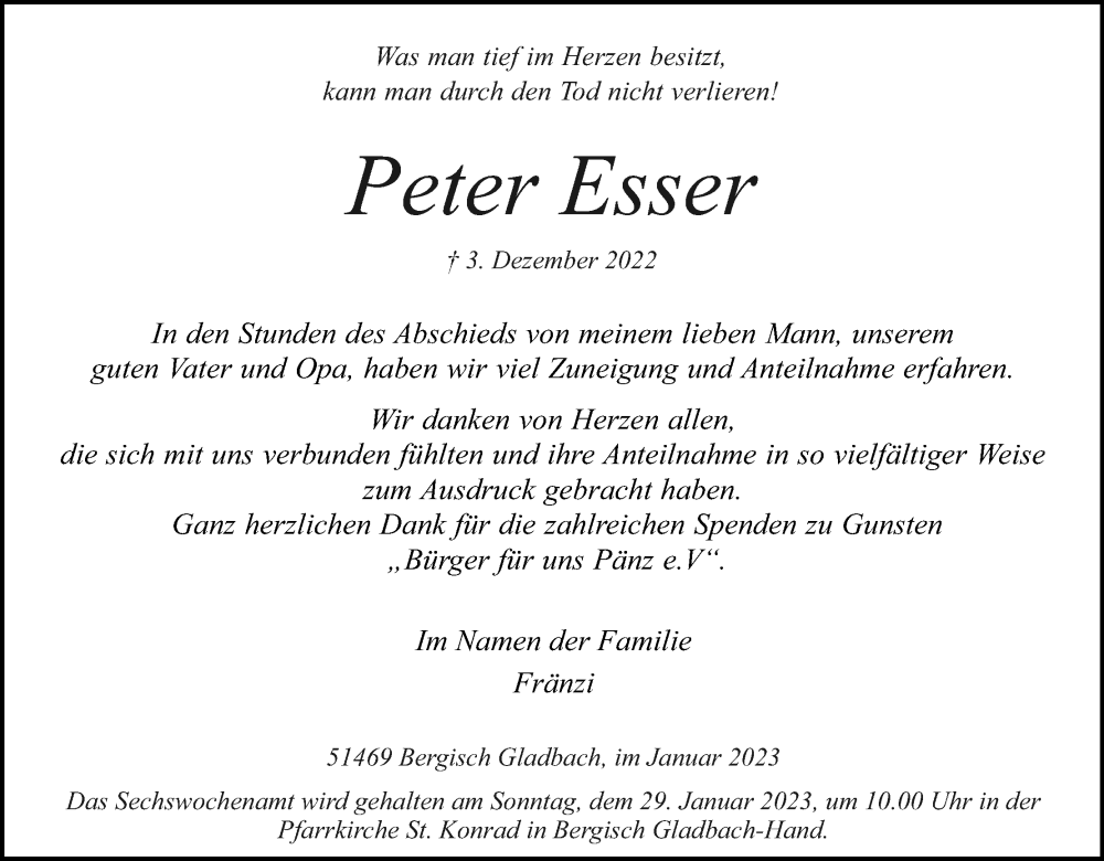  Traueranzeige für Peter Esser vom 14.01.2023 aus Kölner Stadt-Anzeiger / Kölnische Rundschau / Express