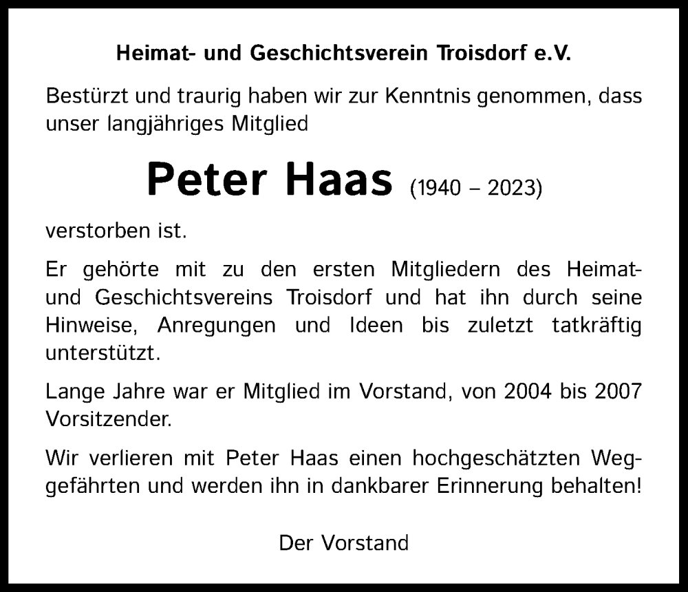  Traueranzeige für Peter Haas vom 10.01.2023 aus Kölner Stadt-Anzeiger / Kölnische Rundschau / Express