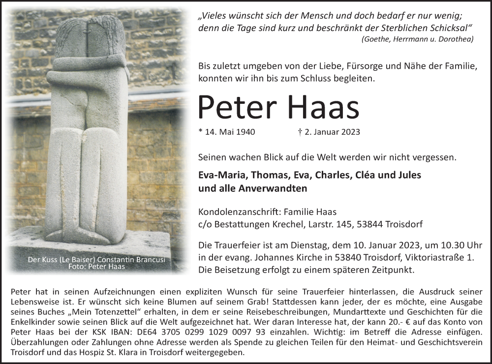  Traueranzeige für Peter Haas vom 07.01.2023 aus Kölner Stadt-Anzeiger / Kölnische Rundschau / Express