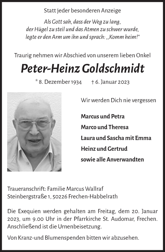 Anzeige von Peter-Heinz Goldschmidt von  Wochenende 