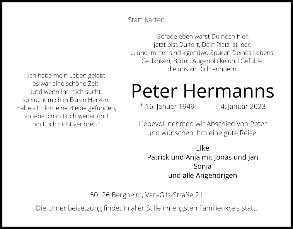  Traueranzeige für Peter Hermanns vom 14.01.2023 aus Kölner Stadt-Anzeiger / Kölnische Rundschau / Express