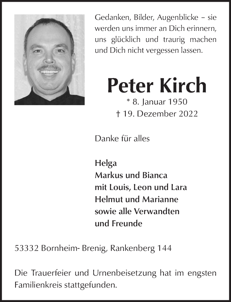  Traueranzeige für Peter Kirch vom 06.01.2023 aus  Schaufenster/Blickpunkt 