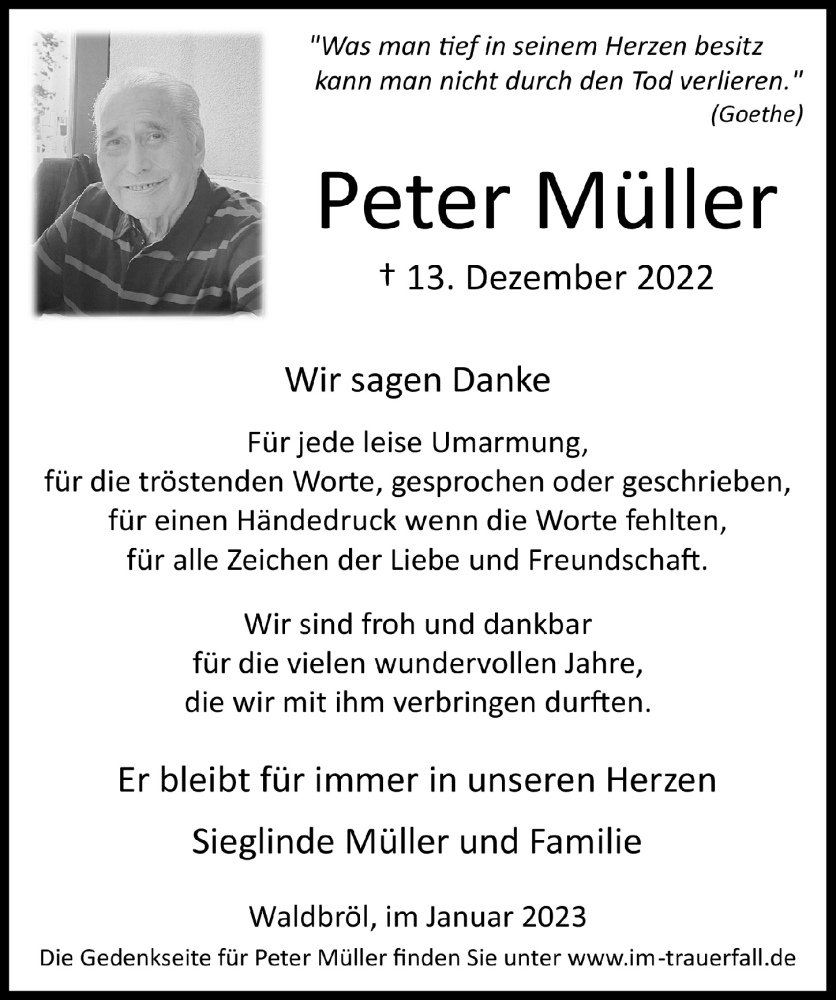  Traueranzeige für Peter Müller vom 27.01.2023 aus  Lokalanzeiger 