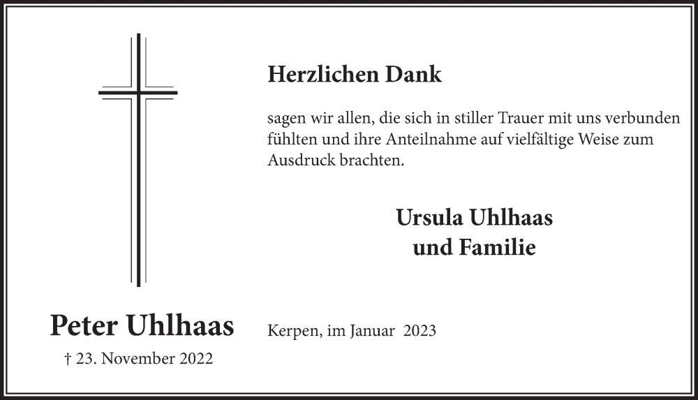  Traueranzeige für Peter Uhlhaas vom 06.01.2023 aus  Werbepost 