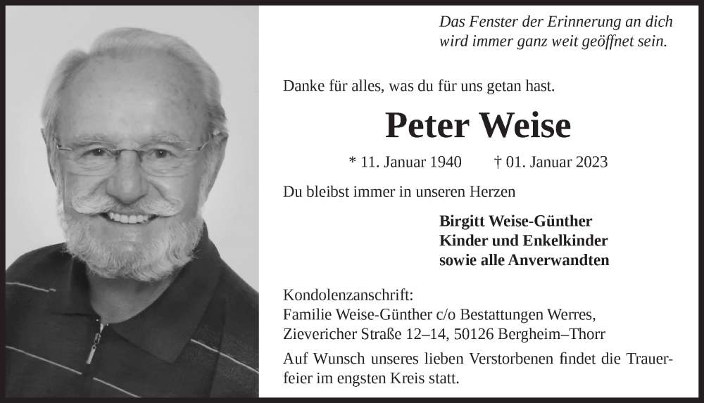  Traueranzeige für Peter Weise vom 13.01.2023 aus  Werbepost 