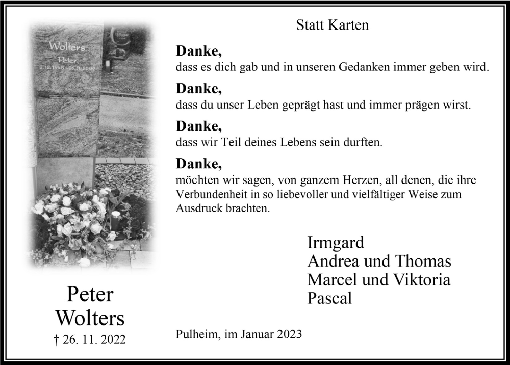  Traueranzeige für Peter Wolters vom 13.01.2023 aus  Wochenende 