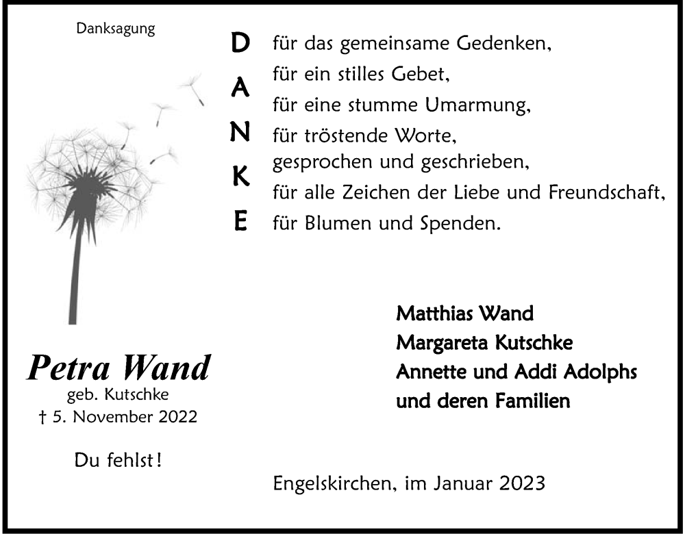 Traueranzeige für Petra Wand vom 21.01.2023 aus Kölner Stadt-Anzeiger / Kölnische Rundschau / Express