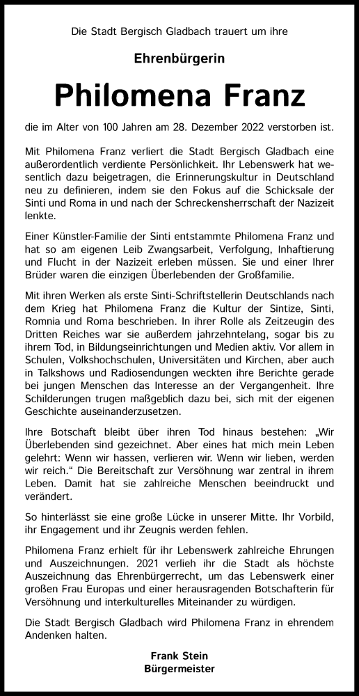  Traueranzeige für Philomena Franz vom 05.01.2023 aus Kölner Stadt-Anzeiger / Kölnische Rundschau / Express