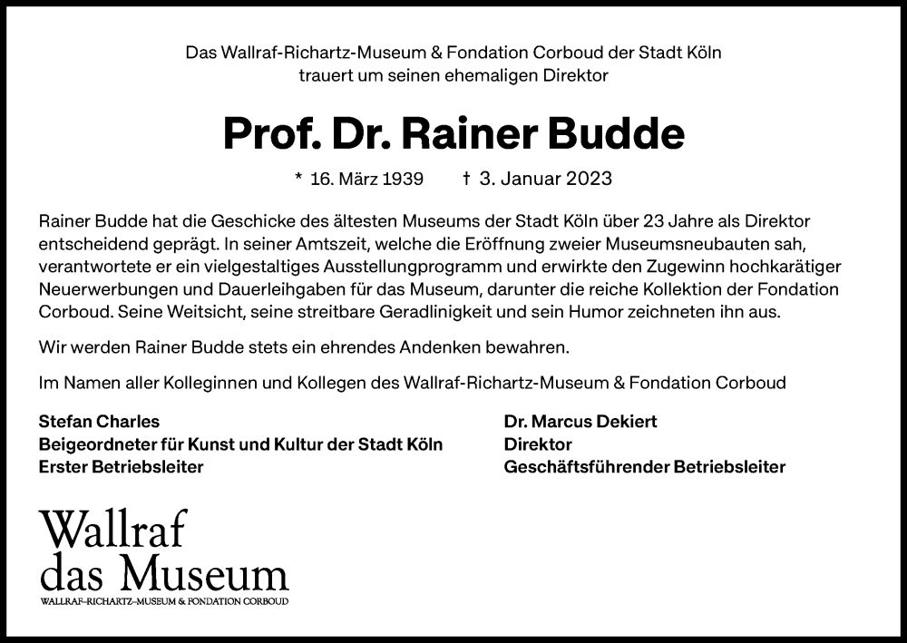  Traueranzeige für Rainer Budde vom 14.01.2023 aus Kölner Stadt-Anzeiger / Kölnische Rundschau / Express