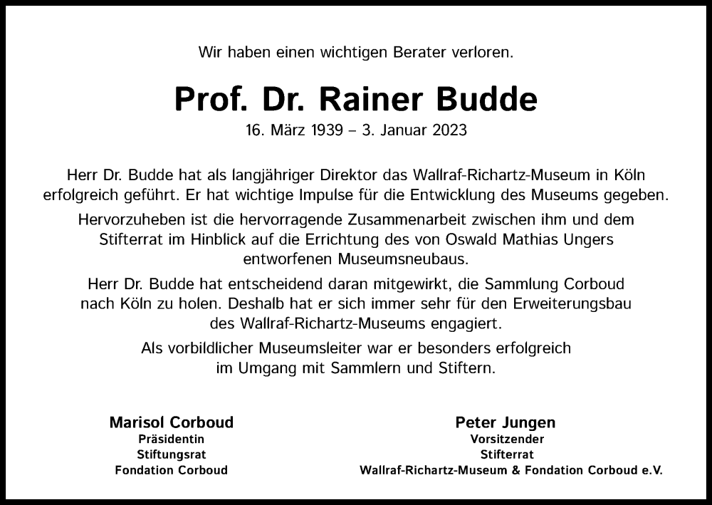  Traueranzeige für Rainer Budde vom 23.01.2023 aus Kölner Stadt-Anzeiger / Kölnische Rundschau / Express