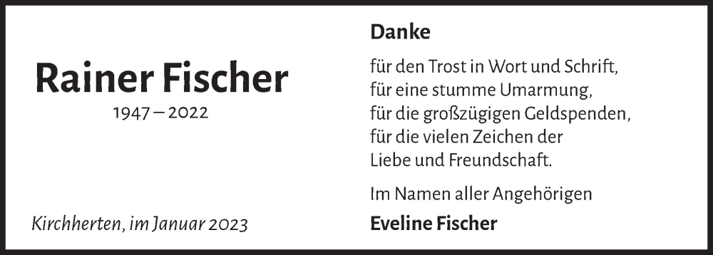  Traueranzeige für Rainer Fischer vom 06.01.2023 aus  Werbepost 