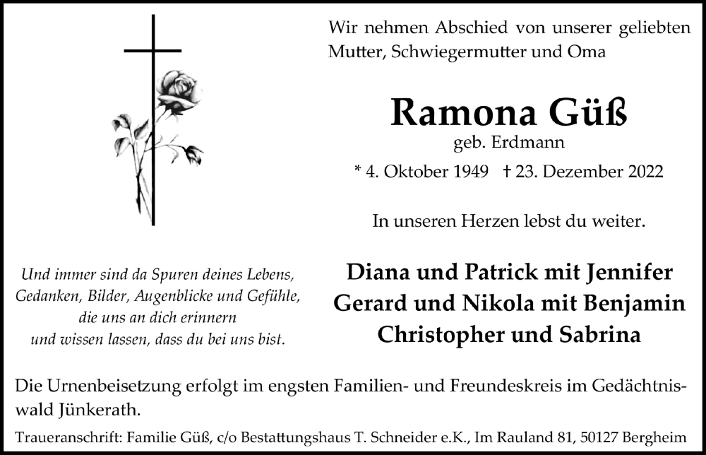  Traueranzeige für Ramona Güß vom 13.01.2023 aus  Werbepost 
