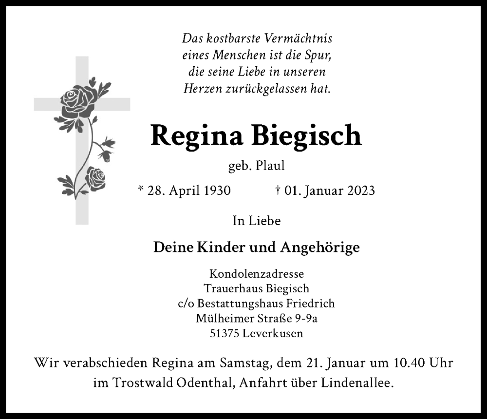  Traueranzeige für Regina Biegisch vom 14.01.2023 aus Kölner Stadt-Anzeiger / Kölnische Rundschau / Express