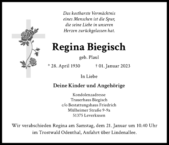 Anzeige von Regina Biegisch von Kölner Stadt-Anzeiger / Kölnische Rundschau / Express
