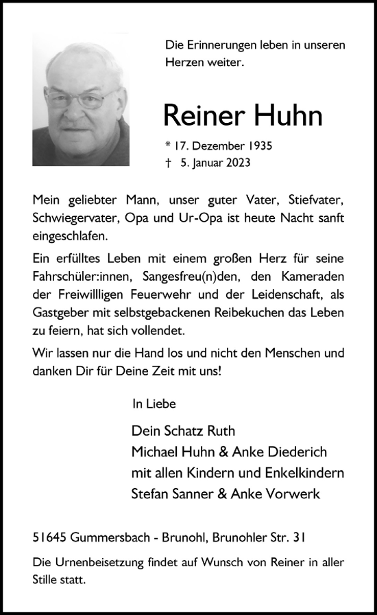 Anzeige von Reiner Huhn von  Anzeigen Echo 