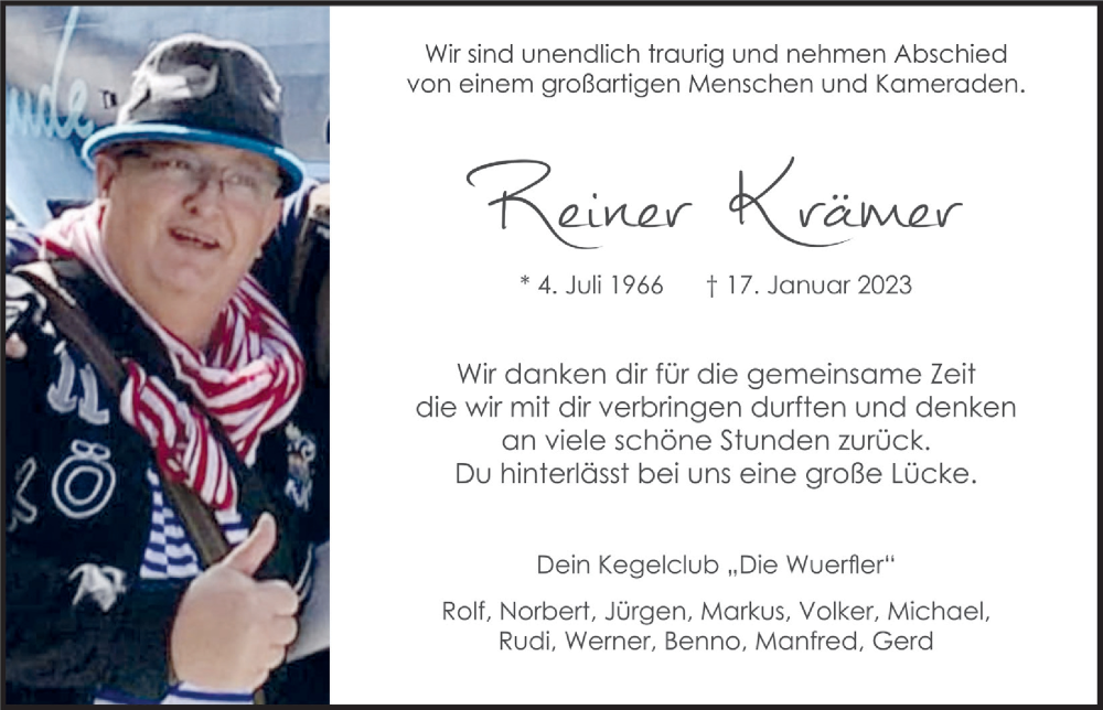  Traueranzeige für Reiner Krämer vom 27.01.2023 aus  Bergisches Handelsblatt 