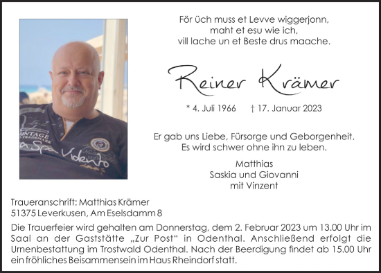 Anzeige von Reiner Krämer von  Bergisches Handelsblatt 