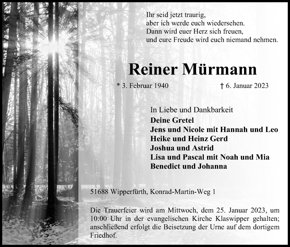  Traueranzeige für Reiner Mürmann vom 14.01.2023 aus Kölner Stadt-Anzeiger / Kölnische Rundschau / Express