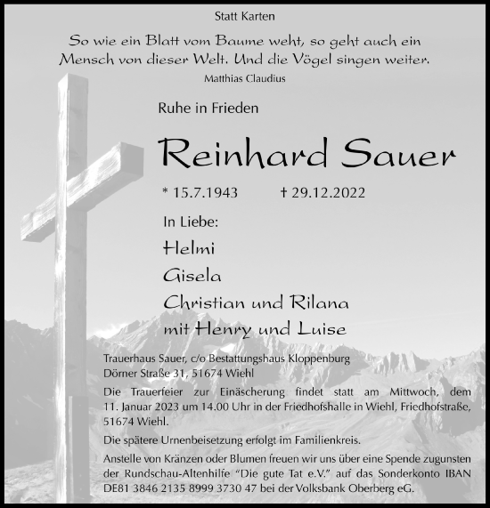Anzeige von Reinhard Sauer von  Anzeigen Echo 