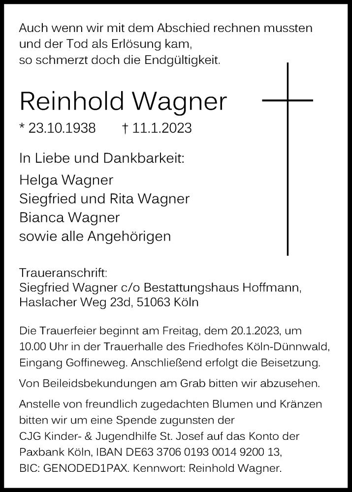  Traueranzeige für Reinhold Wagner vom 14.01.2023 aus Kölner Stadt-Anzeiger / Kölnische Rundschau / Express