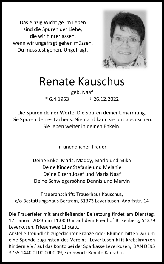 Anzeige von Renate Kauschus von Kölner Stadt-Anzeiger / Kölnische Rundschau / Express