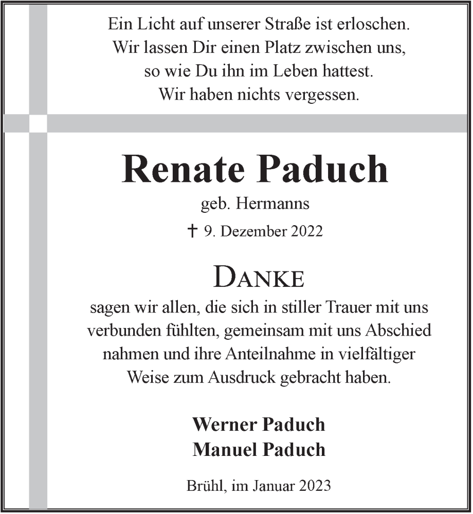  Traueranzeige für Renate Paduch vom 20.01.2023 aus  Schlossbote/Werbekurier 