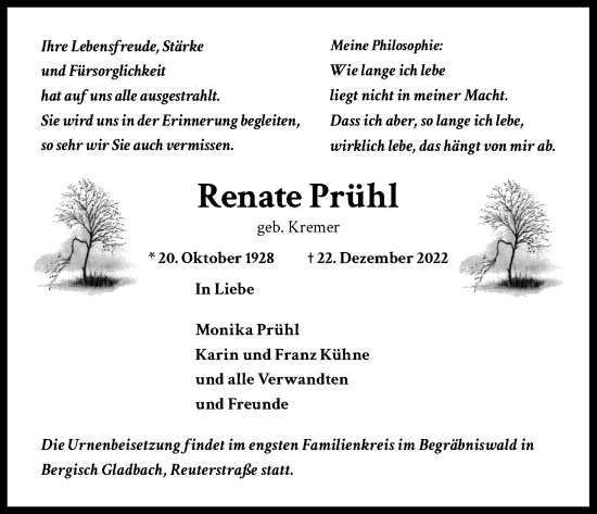 Anzeige von Renate Prühl von Kölner Stadt-Anzeiger / Kölnische Rundschau / Express