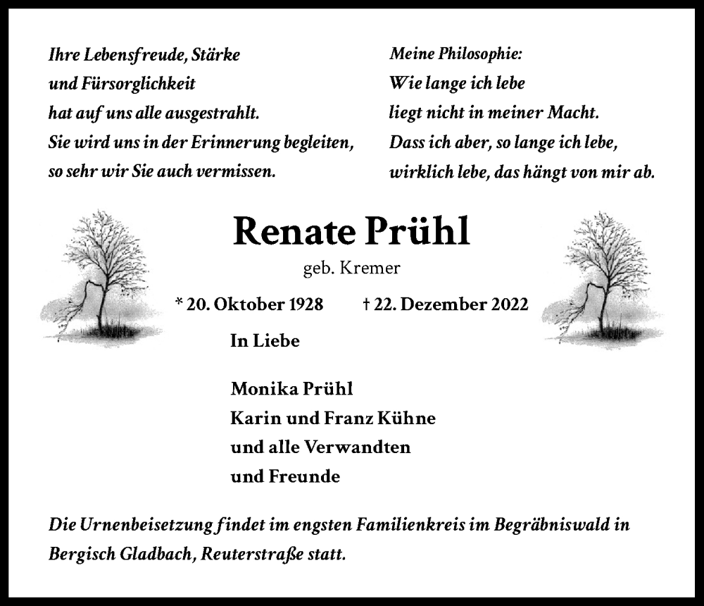  Traueranzeige für Renate Prühl vom 14.01.2023 aus Kölner Stadt-Anzeiger / Kölnische Rundschau / Express