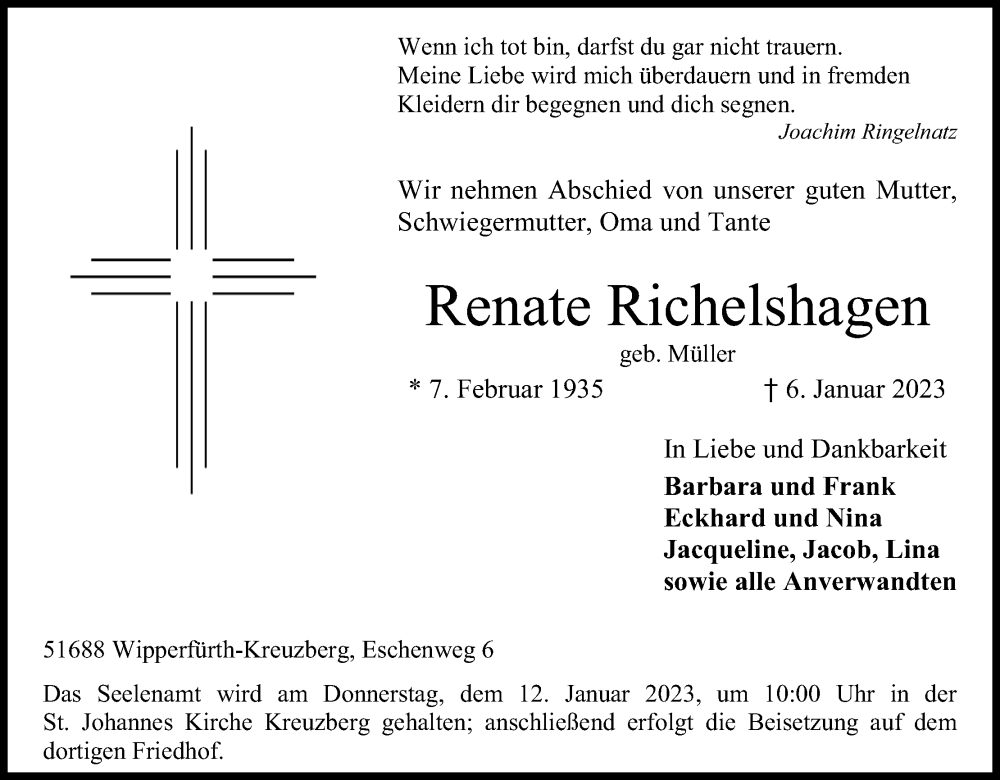  Traueranzeige für Renate Richelshagen vom 10.01.2023 aus Kölner Stadt-Anzeiger / Kölnische Rundschau / Express