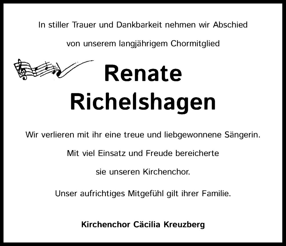  Traueranzeige für Renate Richelshagen vom 12.01.2023 aus Kölner Stadt-Anzeiger / Kölnische Rundschau / Express
