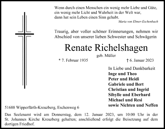 Anzeige von Renate Richelshagen von Kölner Stadt-Anzeiger / Kölnische Rundschau / Express