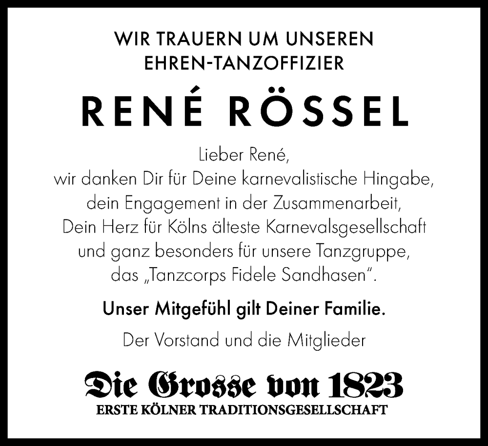  Traueranzeige für René Rössel vom 28.01.2023 aus Kölner Stadt-Anzeiger / Kölnische Rundschau / Express