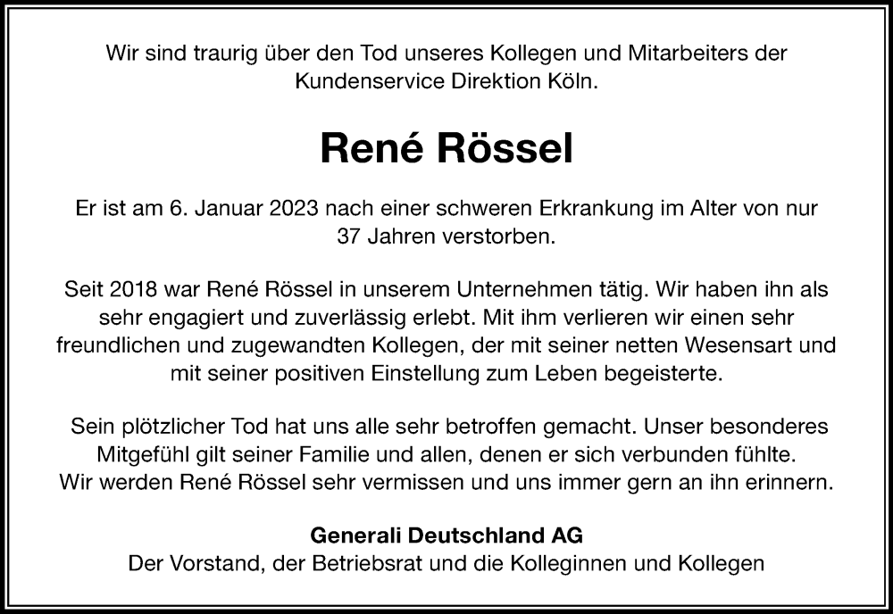  Traueranzeige für René Rössel vom 14.01.2023 aus Kölner Stadt-Anzeiger / Kölnische Rundschau / Express