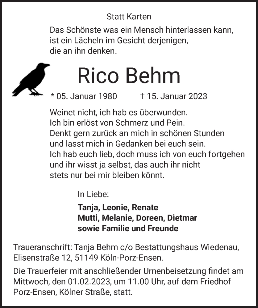  Traueranzeige für Rico Behm vom 27.01.2023 aus  EXPRESS - Die Woche 
