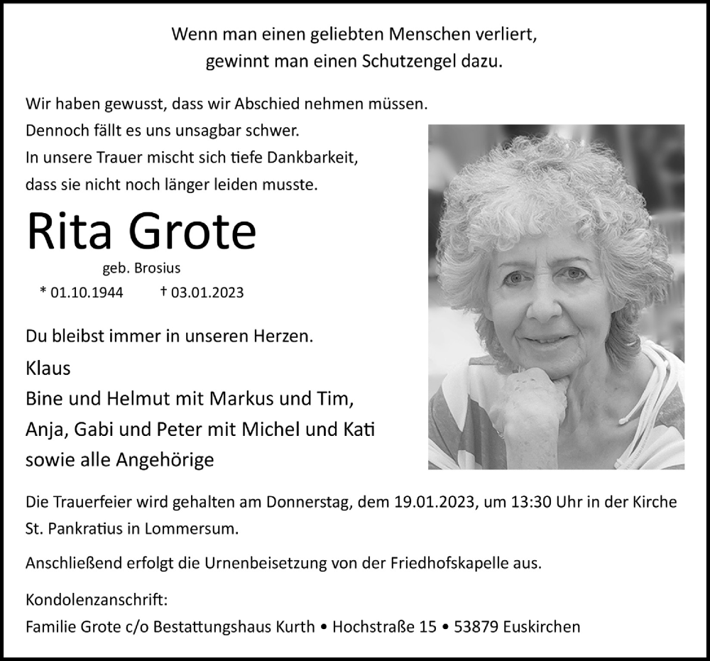  Traueranzeige für Rita Grote vom 14.01.2023 aus  Blickpunkt Euskirchen 