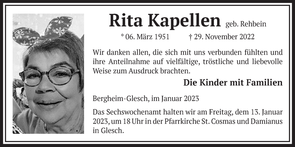  Traueranzeige für Rita Kapellen vom 06.01.2023 aus  Werbepost 