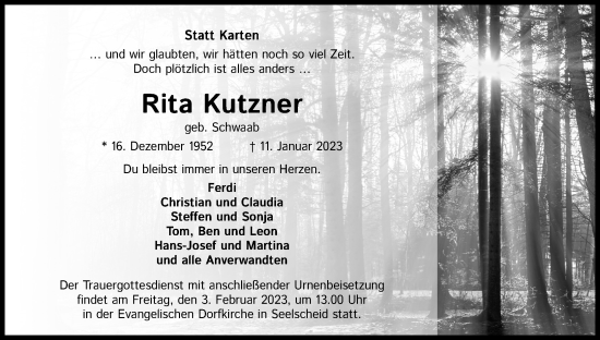 Anzeige von Rita Kutzner von Kölner Stadt-Anzeiger / Kölnische Rundschau / Express