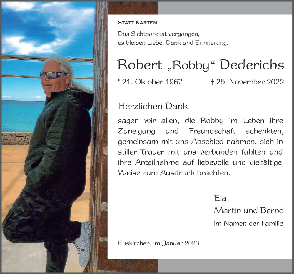  Traueranzeige für Robert  Dederichs vom 21.01.2023 aus  Blickpunkt Euskirchen 